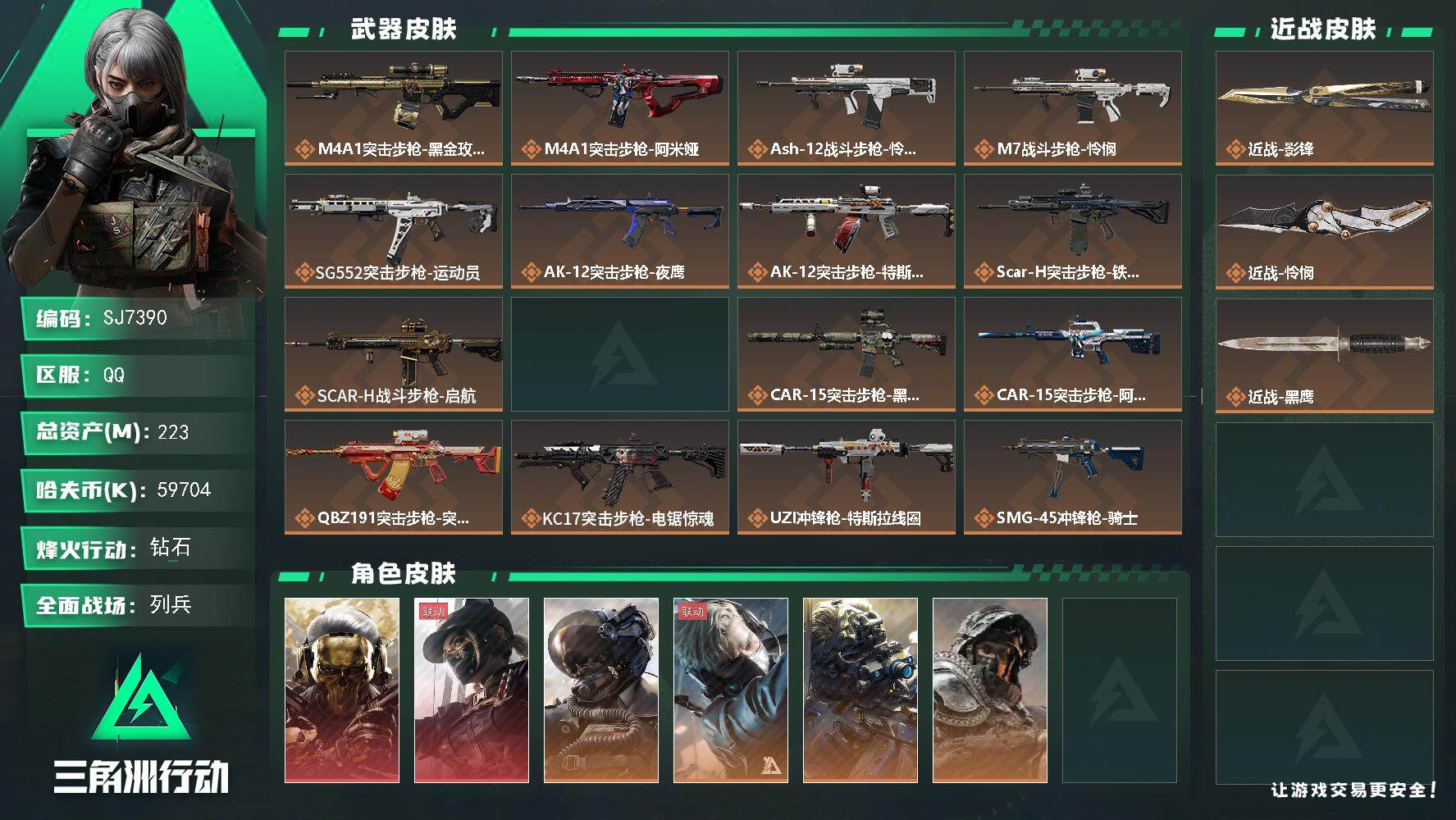 三角洲行动账号QQ【SJ7390】总资产(M)：223M/哈夫币(K)：59704K/哈夫币(K)：59704K/传说枪皮数：25/全面战场等级：22_段位：列兵/烽火地带等级：60_段位：钻石/红狼-蚀金玫瑰/露娜