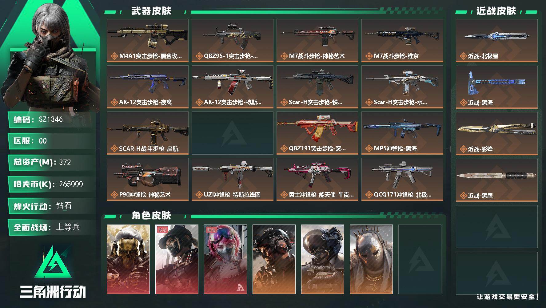 三角洲行动账号QQ60级可二次账号/三红/三刀/影锋/北极星/黑海/黑狼/露娜/蛊/铁面判官
【个人信息】战场等级29