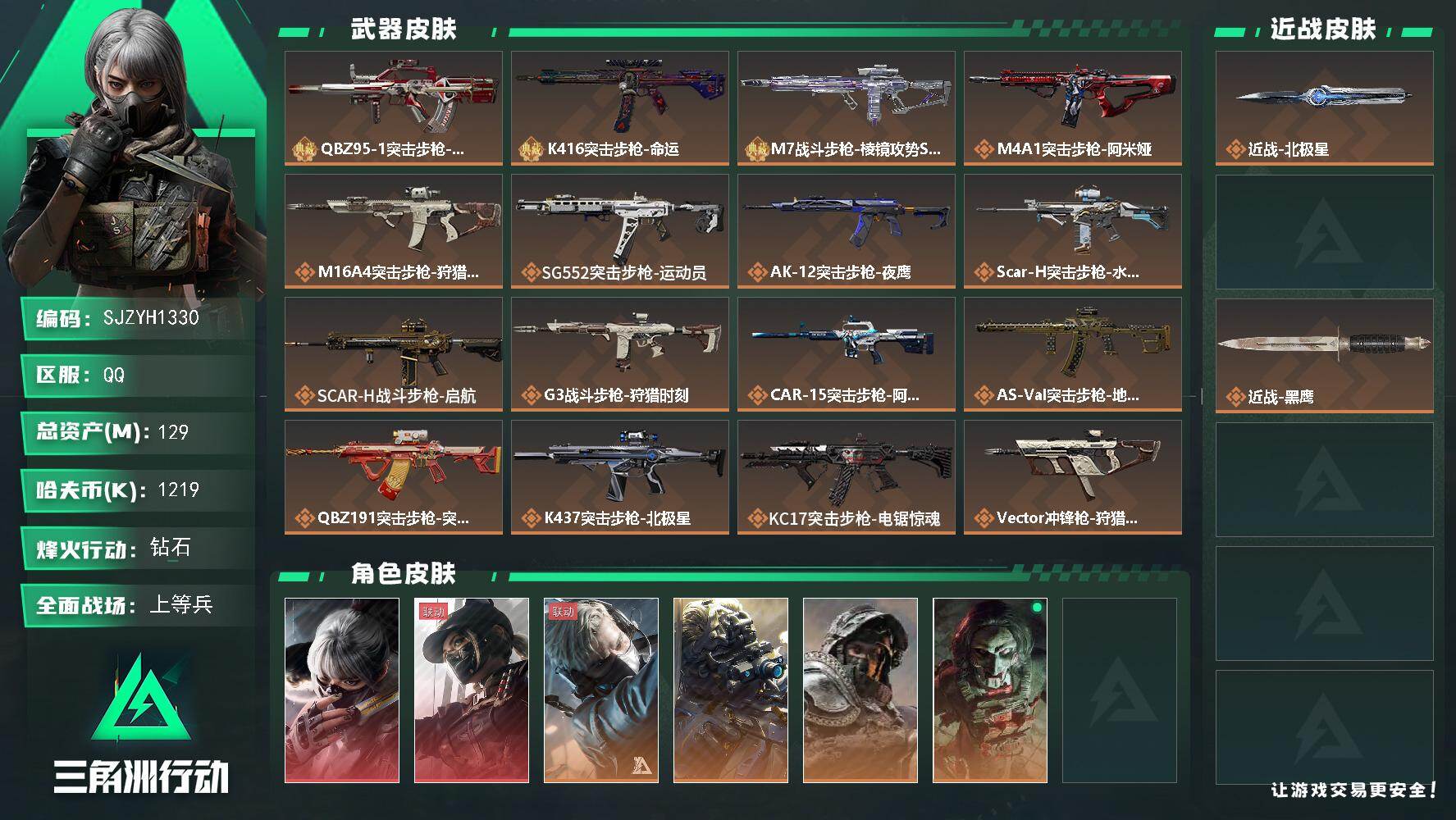 三角洲行动账号QQ【SJZYH1330】总资产(M)：129M/哈夫币(K)：1219K/哈夫币(K)：1219K/传