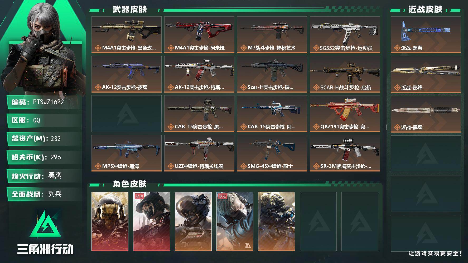三角洲行动账号QQ【PTSJZ1622】总资产(M)：232M/哈夫币(K)：296K/哈夫币(K)：296K/传说枪
