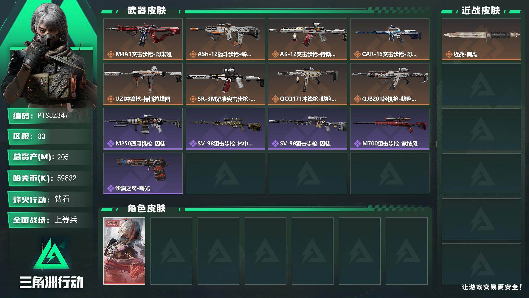 三角洲行动账号QQ【PTSJZ347】总资产(M)：205M/哈夫币(K)：59832K/哈夫币(K)：59832K/