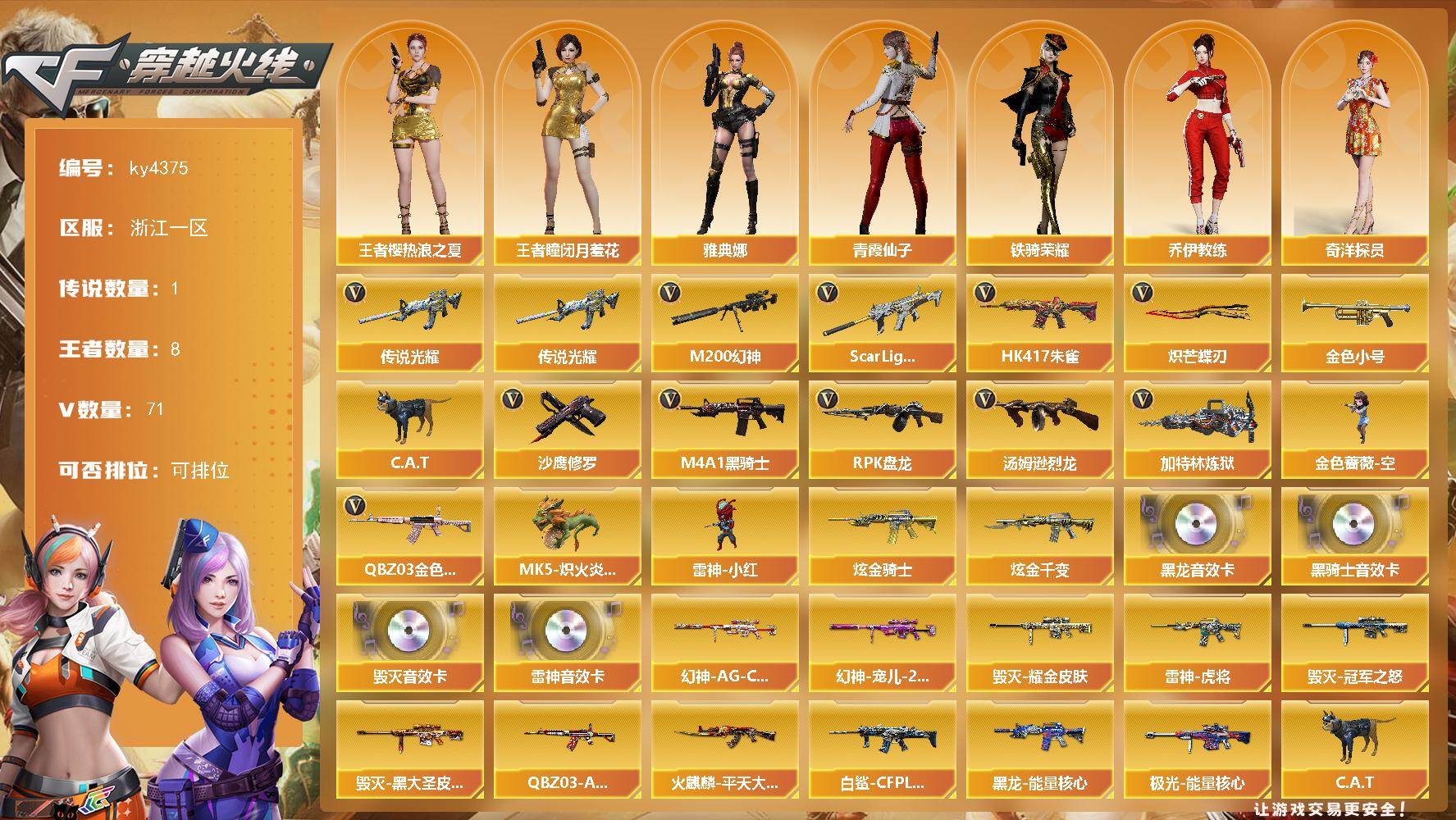 穿越火线账号东部战区浙江一区[16323986]浙江一区-71V-8王者-2炫金
【传说武器】：传说光耀
【热门武器】：传说光耀，QBZ03-金色蔷薇，Scar Light-白虎，HK417-朱雀，M200-幻神，金色小号，C.