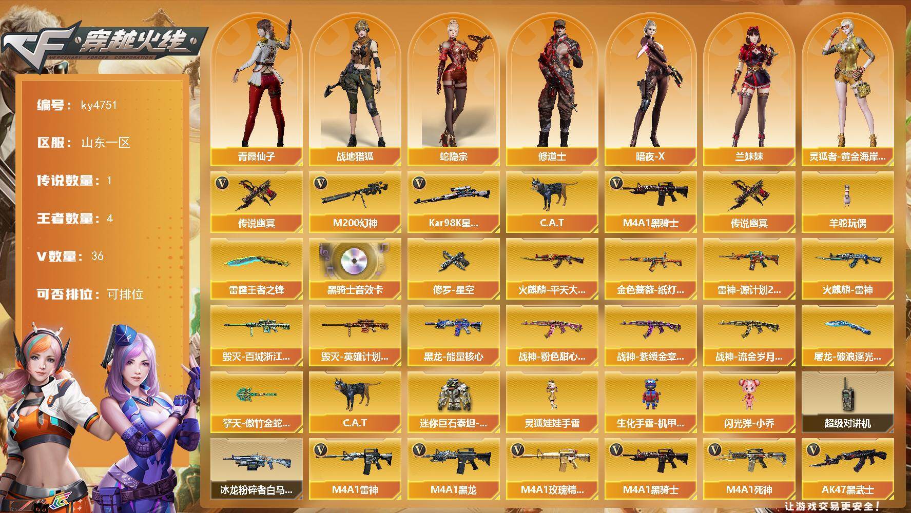 穿越火线账号北部战区山东一区[16327178]山东一区-36V-4王者-0炫金
【传说武器】：传说幽冥
【热门武器】：传说幽冥，M200-幻神，Kar98K-星神，C.A.T，M4A1-黑骑士，羊驼玩偶
【王者炫金武器】：雷霆