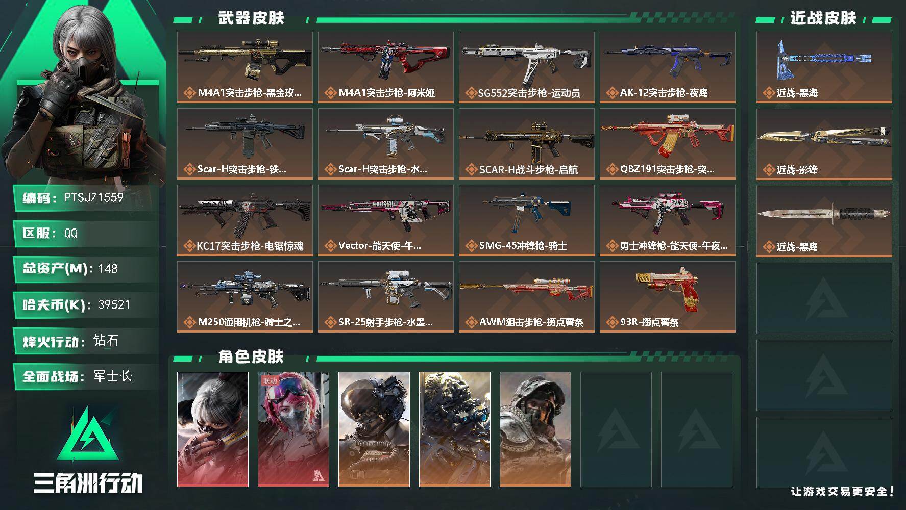 三角洲行动账号QQ【PTSJZ1559】总资产(M)：148M/哈夫币(K)：39521K/哈夫币(K)：39521K