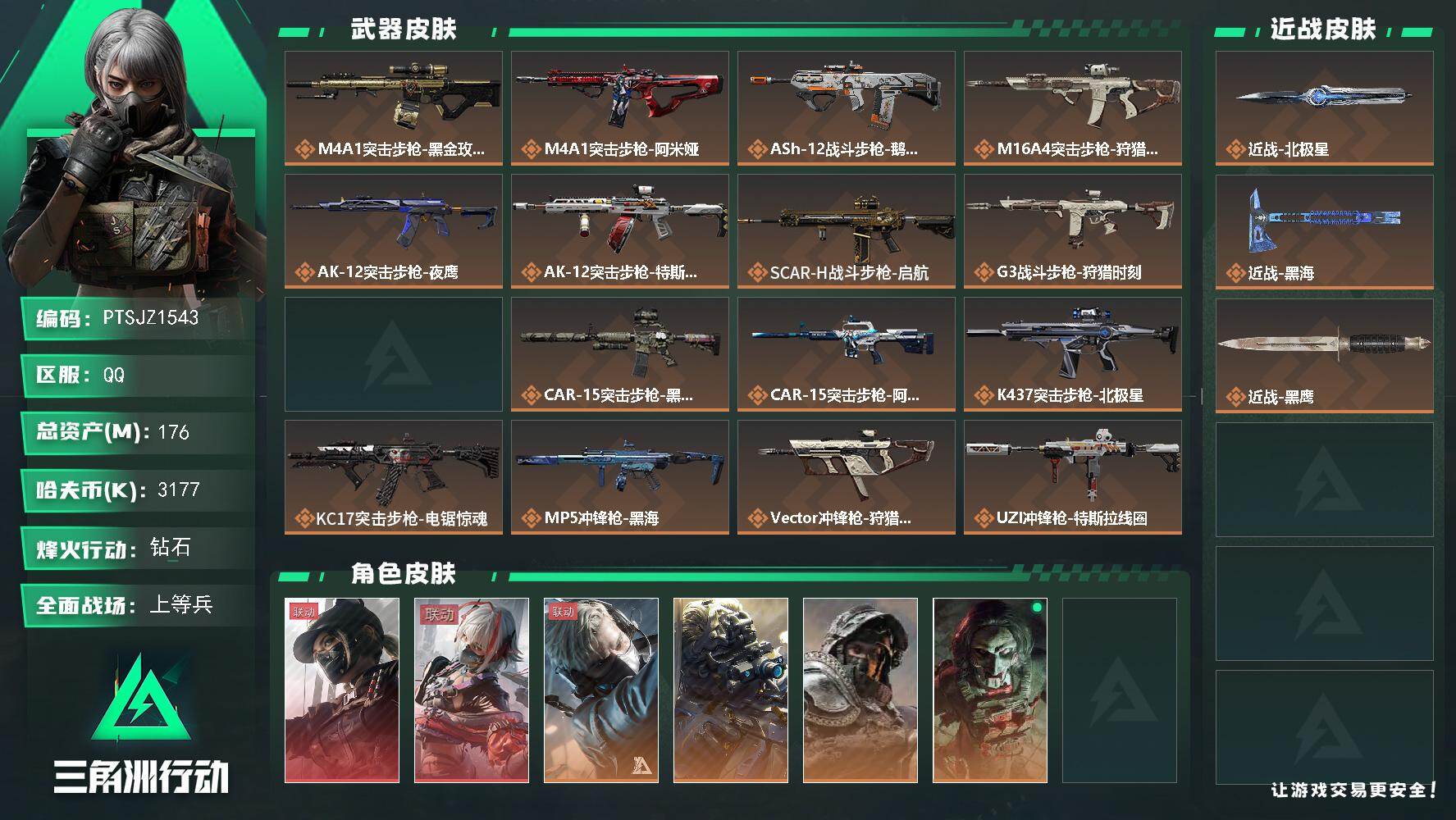 三角洲行动账号QQ【PTSJZ1543】总资产(M)：176M/哈夫币(K)：3177K/哈夫币(K)：3177K/传