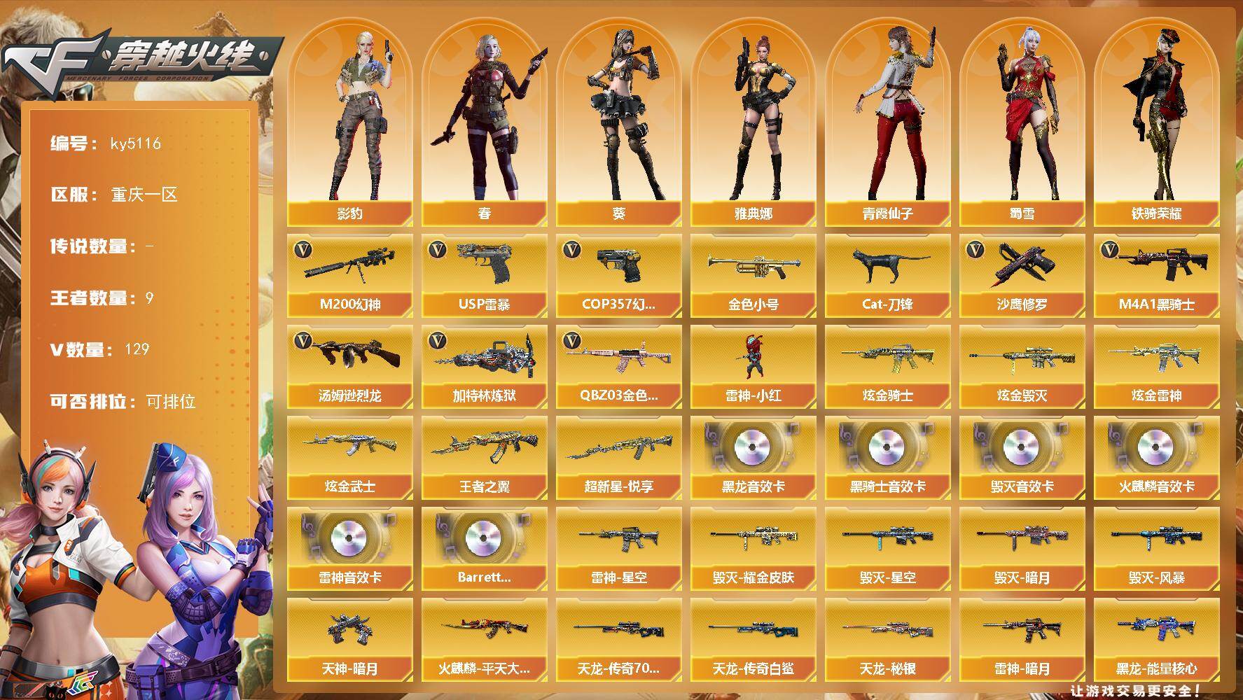 穿越火线账号西部战区重庆一区[16356569]重庆一区-129V-9王者-4炫金
【热门武器】：QBZ03-金色蔷薇，M200-幻神，金色小号，Cat-刀锋，M4A1-黑骑士，汤姆逊-烈龙*6，加特林-炼狱，雷神-小红，USP