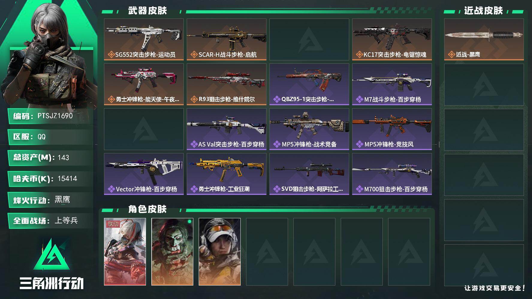 三角洲行动账号QQ【PTSJZ1690】总资产(M)：143M/哈夫币(K)：15414K/哈夫币(K)：15414K