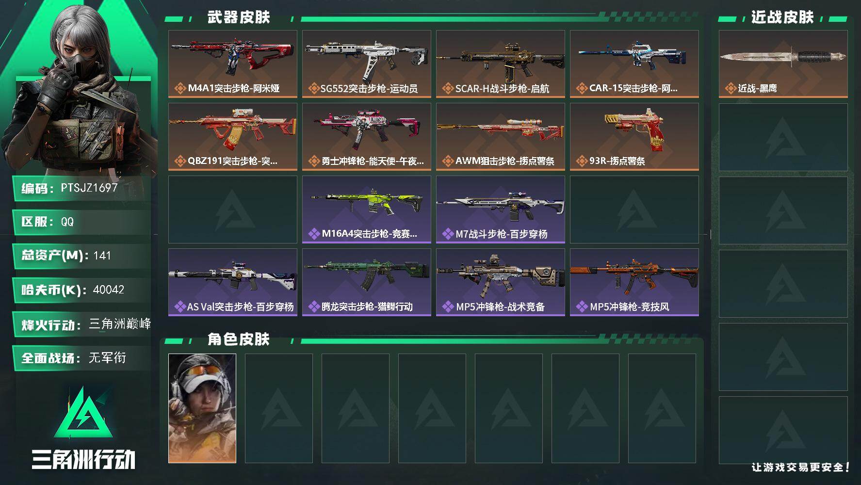 三角洲行动账号QQ【PTSJZ1697】总资产(M)：141M/哈夫币(K)：40042K/哈夫币(K)：40042K