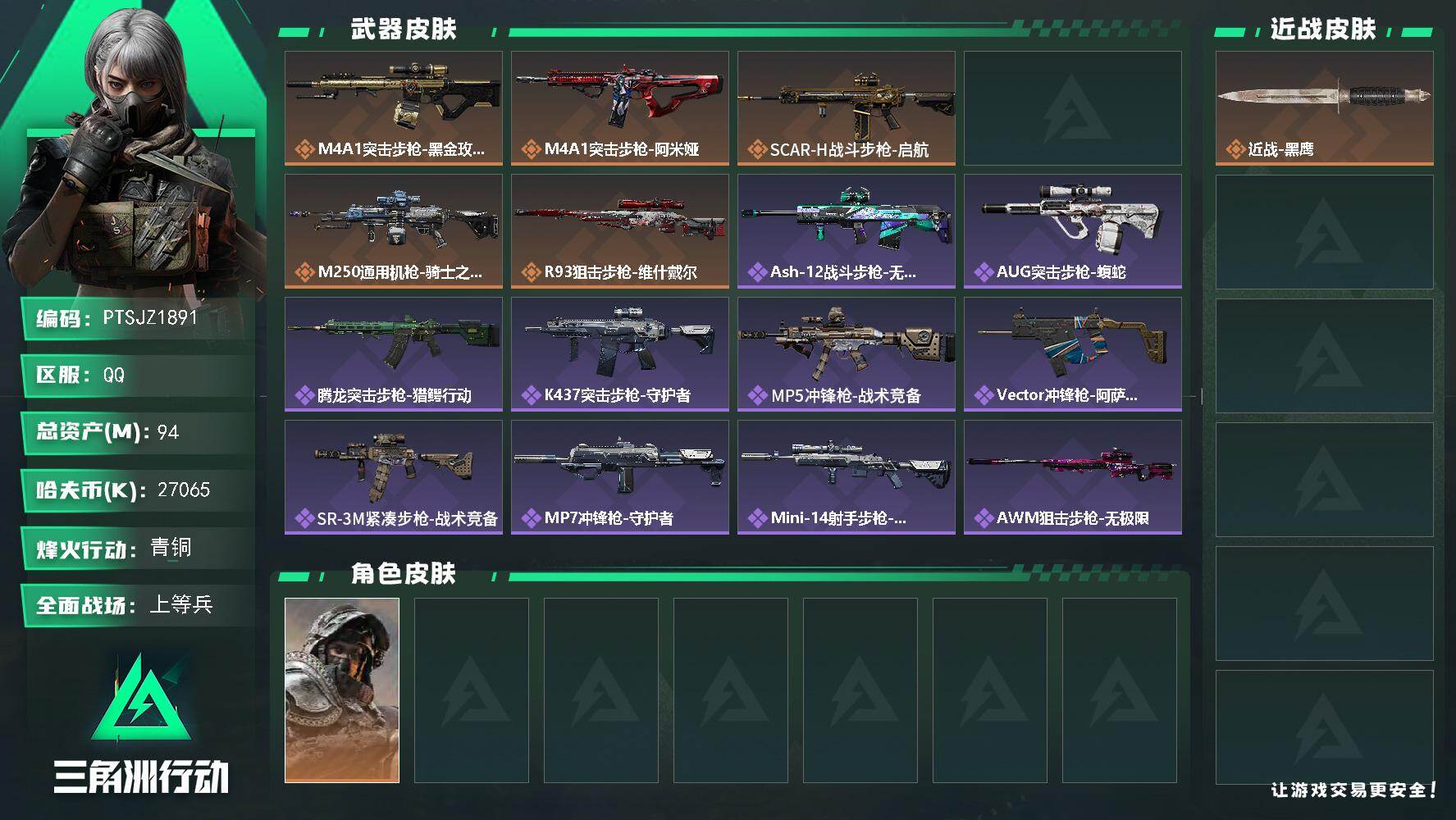 三角洲行动账号QQ【PTSJZ1891】总资产(M)：94M/哈夫币(K)：27065K/哈夫币(K)：27065K/