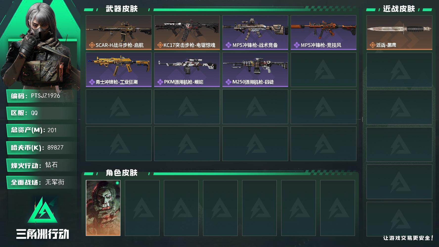 三角洲行动账号QQ【PTSJZ1926】总资产(M)：201M/哈夫币(K)：89827K/哈夫币(K)：89827K