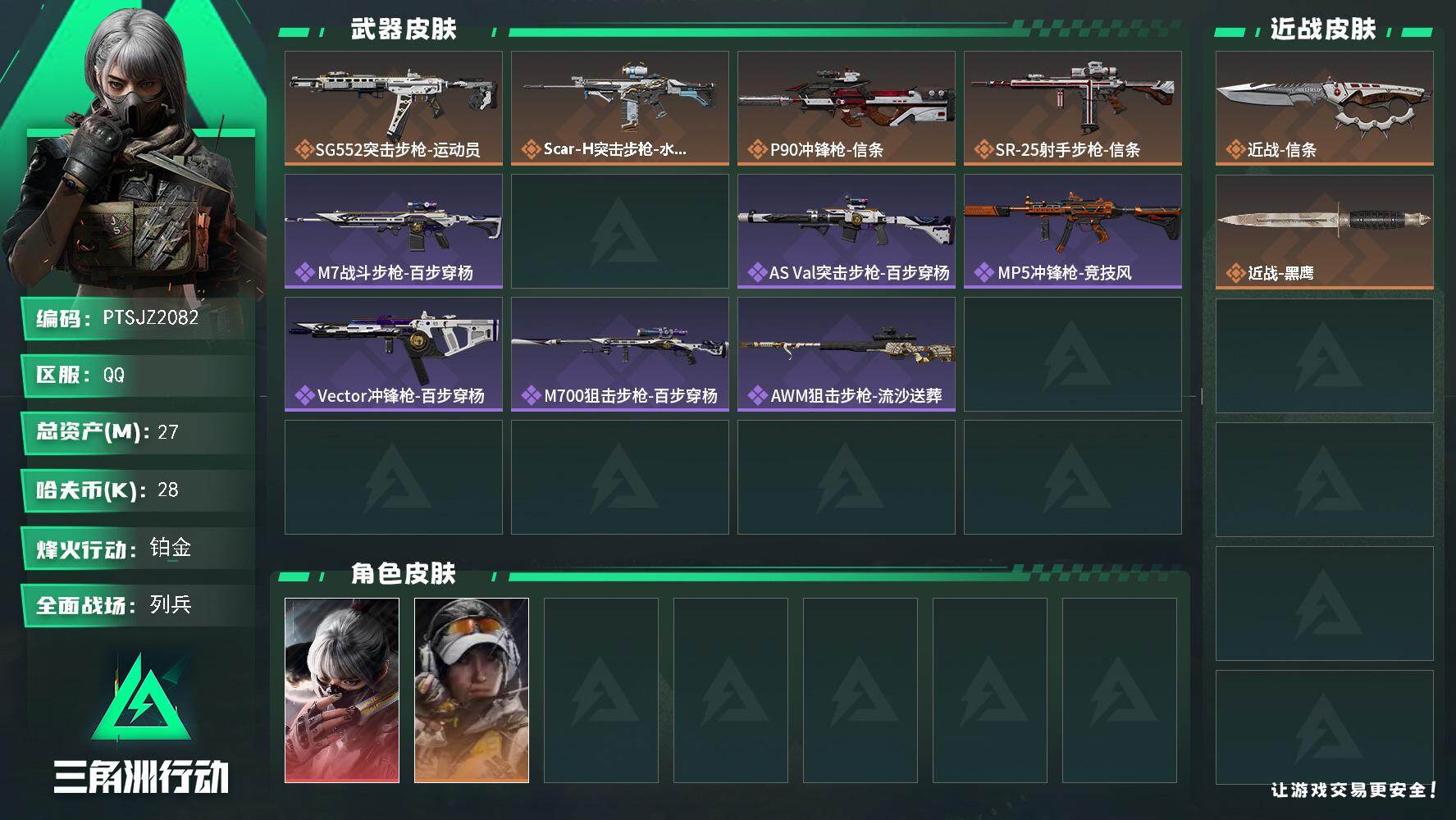 三角洲行动账号QQ【PTSJZ2082】总资产(M)：27M/哈夫币(K)：28K/哈夫币(K)：28K/传说枪皮数：