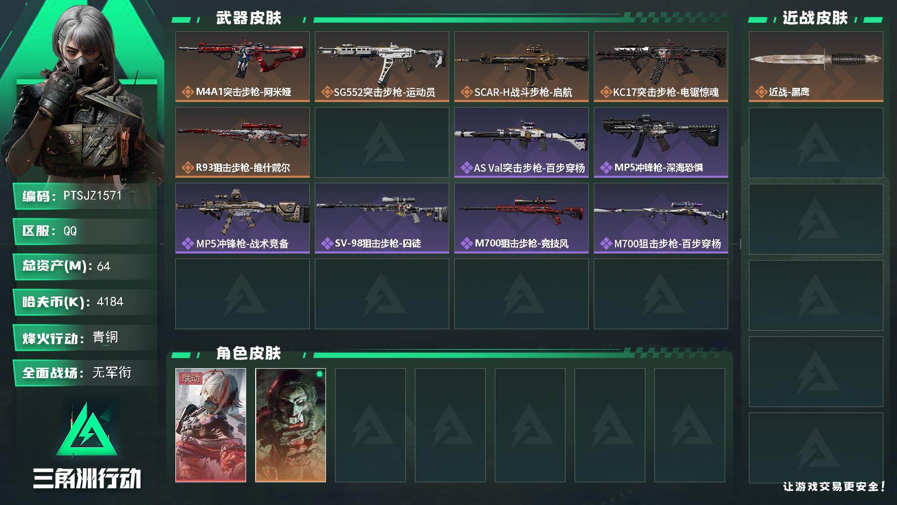 三角洲行动账号QQ【PTSJZ1571】总资产(M)：64M/哈夫币(K)：4184K/哈夫币(K)：4184K/传说