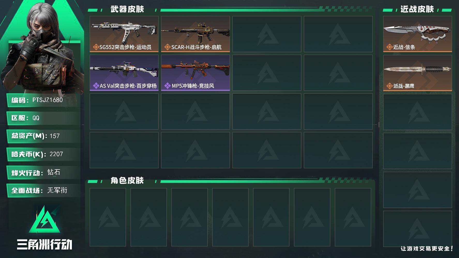 三角洲行动账号QQ【PTSJZ1680】总资产(M)：157M/哈夫币(K)：2207K/哈夫币(K)：2207K/传