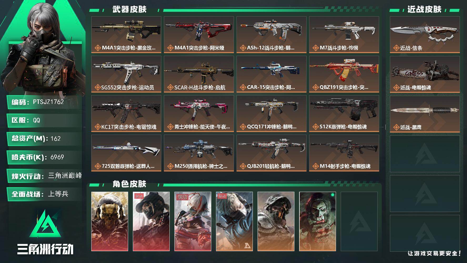 三角洲行动账号QQ【PTSJZ1762】总资产(M)：162M/哈夫币(K)：6969K/哈夫币(K)：6969K/传