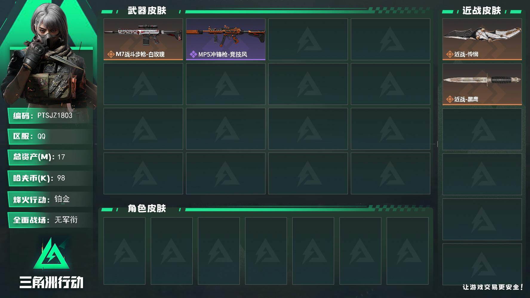 三角洲行动账号QQ【PTSJZ1803】总资产(M)：17M/哈夫币(K)：98K/哈夫币(K)：98K/传说枪皮数：