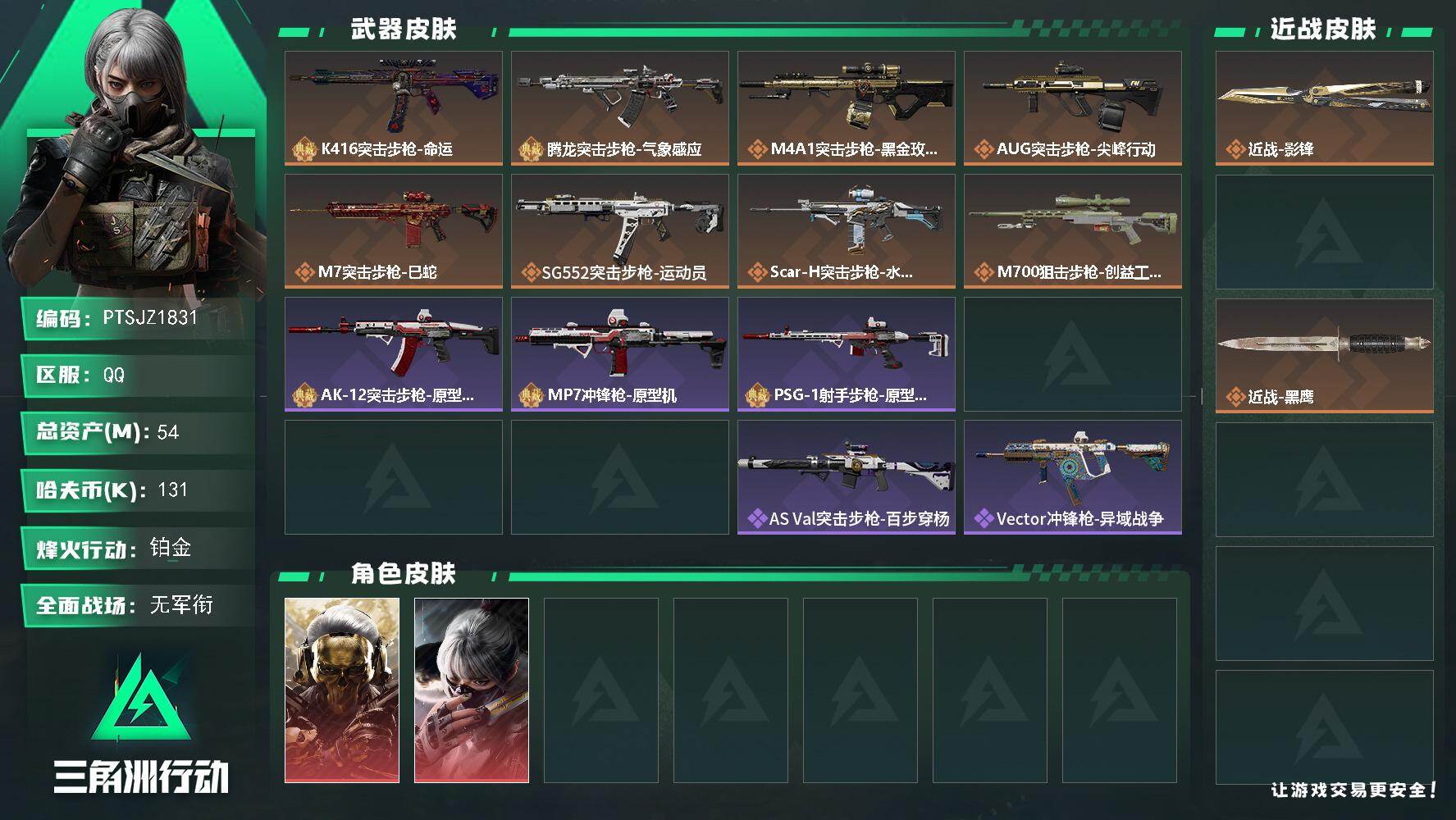 三角洲行动账号QQ【PTSJZ1831】总资产(M)：54M/哈夫币(K)：131K/哈夫币(K)：131K/传说枪皮