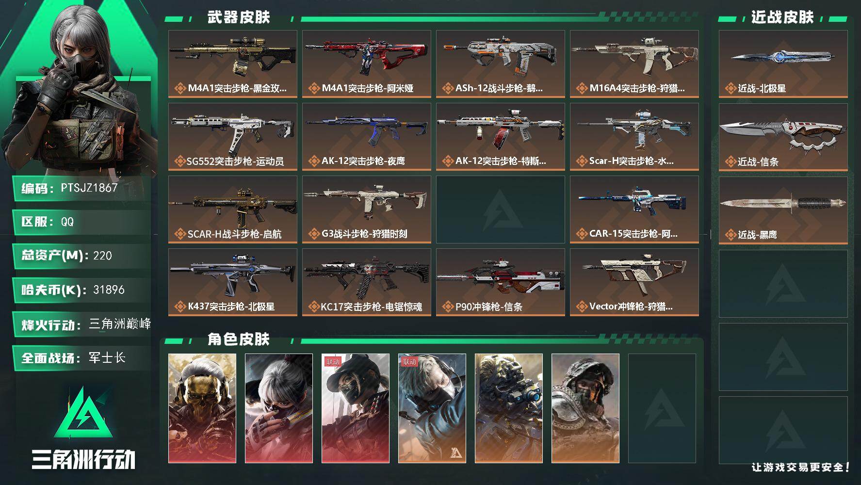 三角洲行动账号QQ【PTSJZ1867】总资产(M)：220M/哈夫币(K)：31896K/哈夫币(K)：31896K