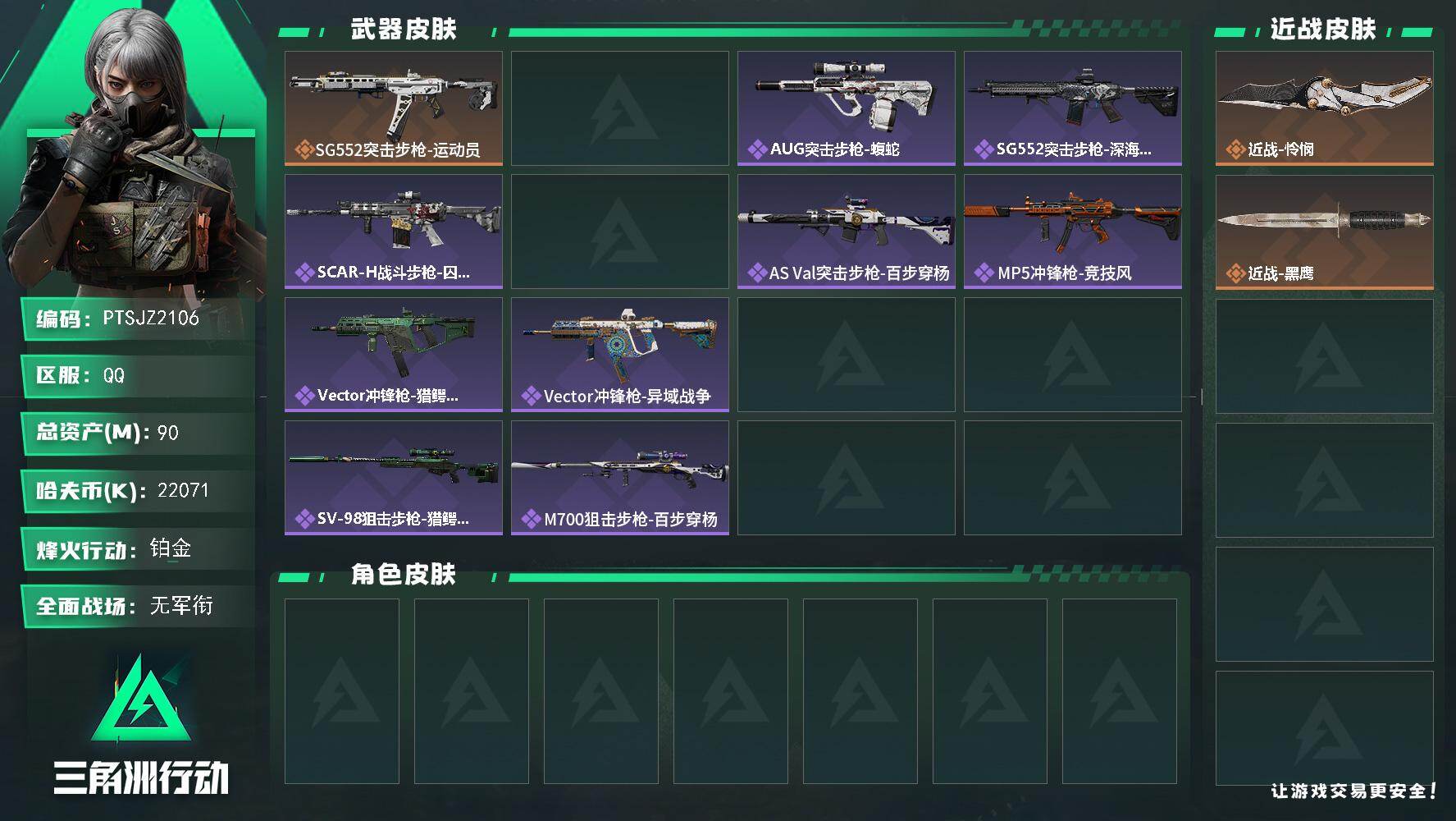 三角洲行动账号QQ【PTSJZ2106】总资产(M)：90M/哈夫币(K)：22071K/哈夫币(K)：22071K/