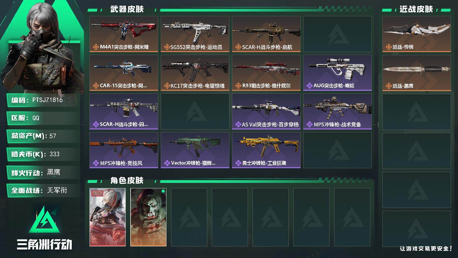 三角洲行动账号QQ【PTSJZ1816】总资产(M)：57M/哈夫币(K)：333K/哈夫币(K)：333K/传说枪皮