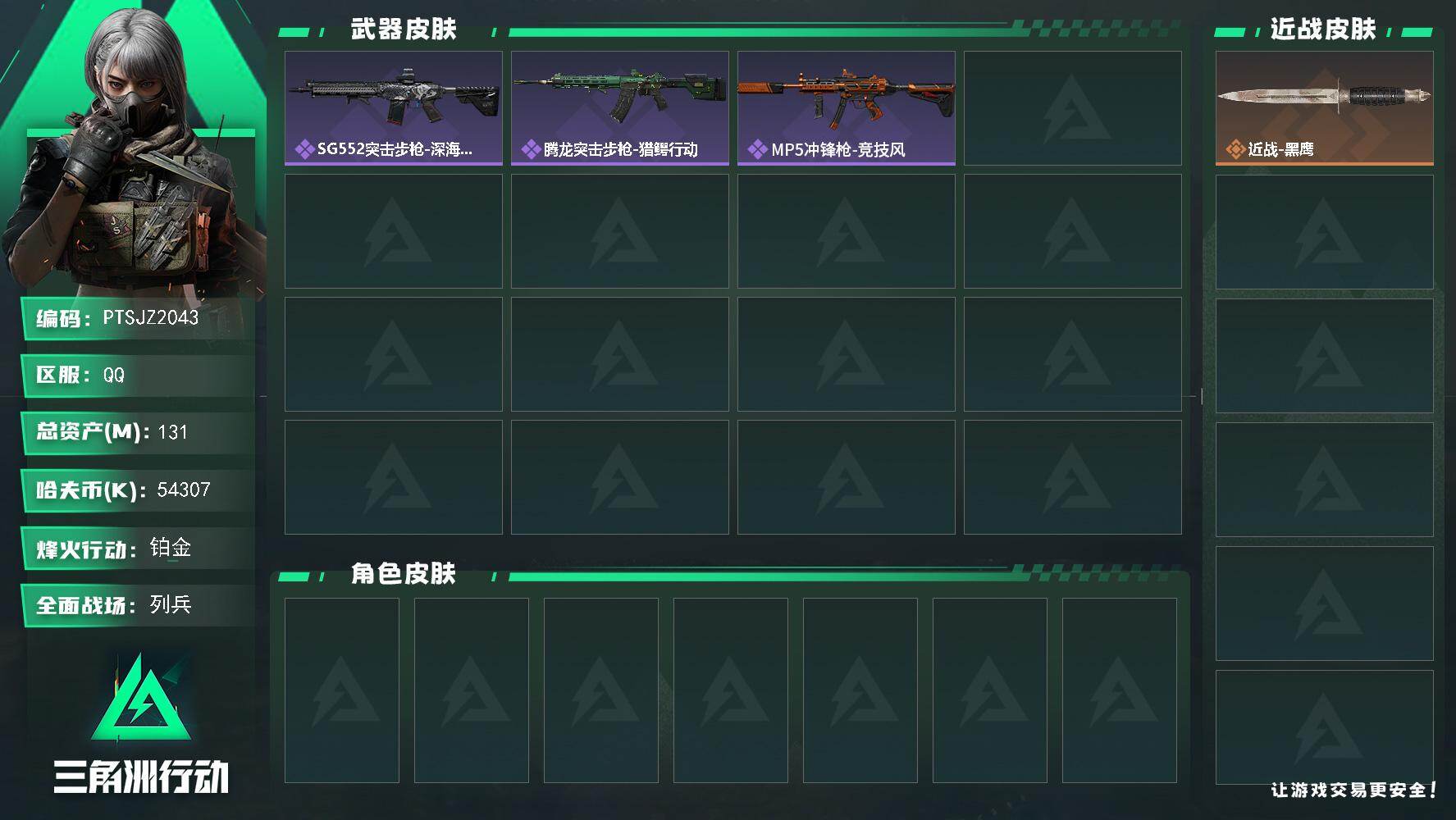 三角洲行动账号QQ【PTSJZ2043】总资产(M)：131M/哈夫币(K)：54307K/哈夫币(K)：54307K