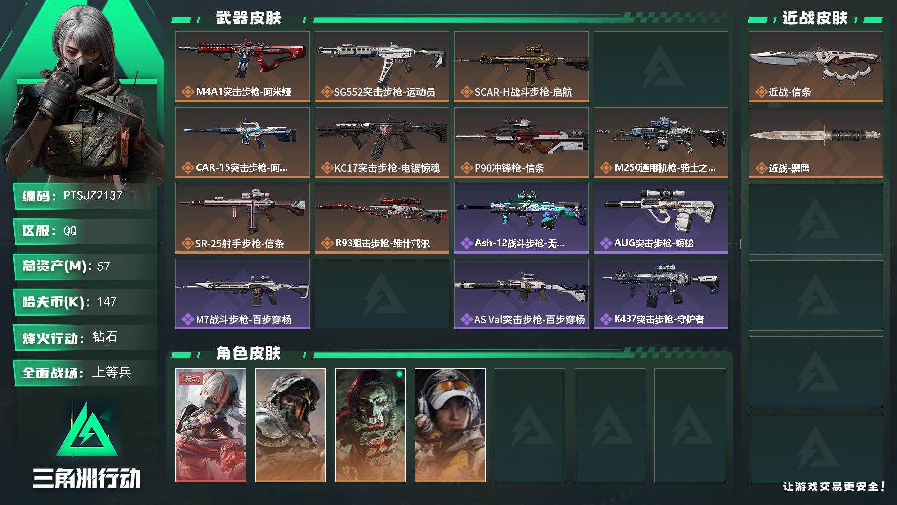 三角洲行动账号QQ【PTSJZ2137】总资产(M)：57M/哈夫币(K)：147K/哈夫币(K)：147K/传说枪皮