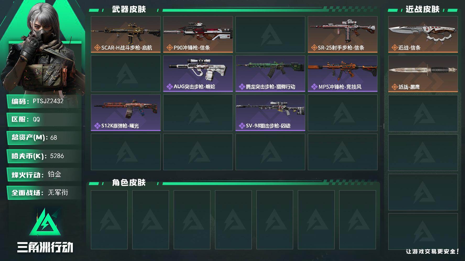 三角洲行动账号QQ【PTSJZ2432】总资产(M)：68M/哈夫币(K)：5286K/哈夫币(K)：5286K/传说