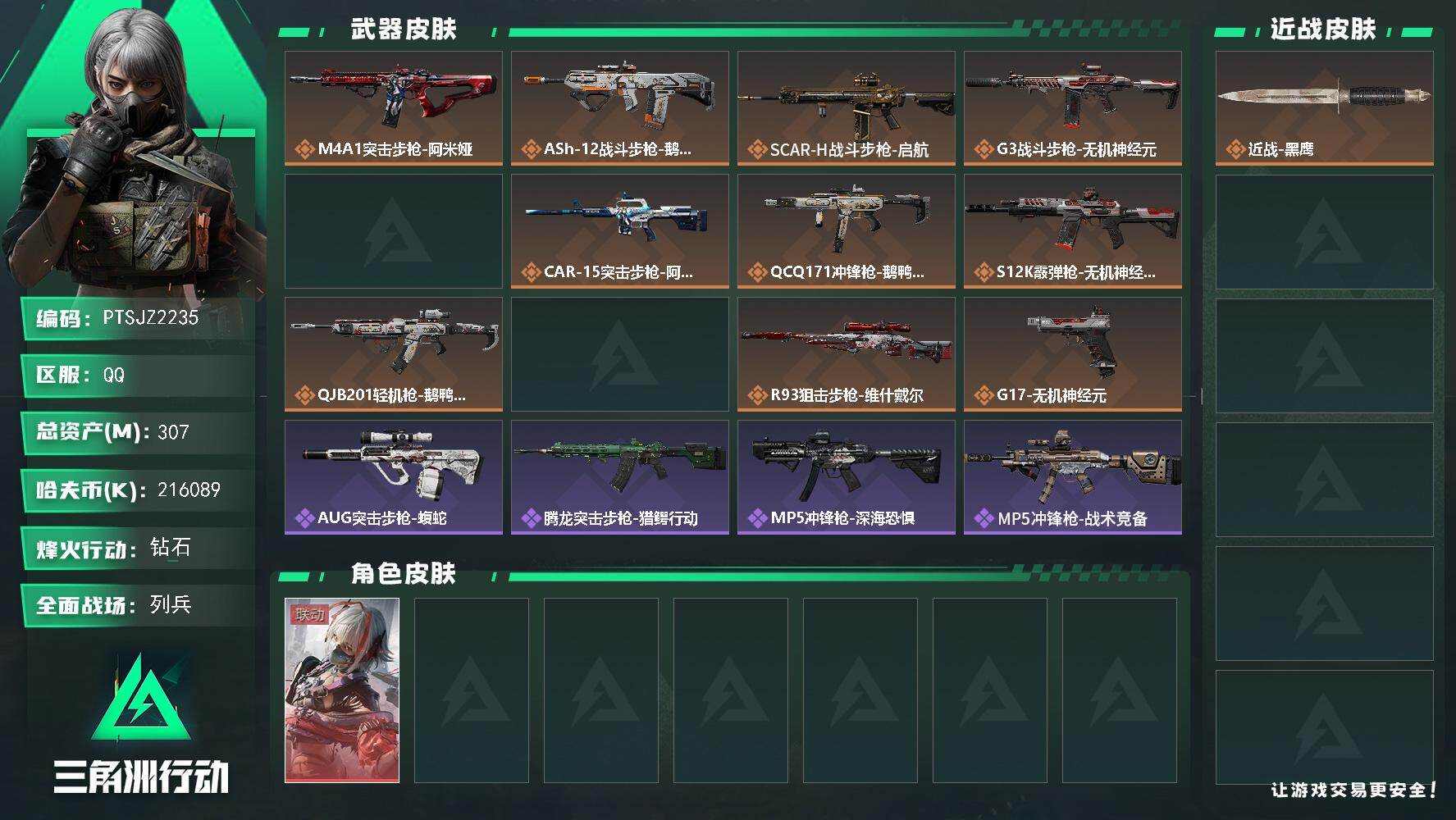 三角洲行动账号QQ【PTSJZ2235】总资产(M)：307M/哈夫币(K)：K/哈夫币(K)：K/传说枪皮数：12/
