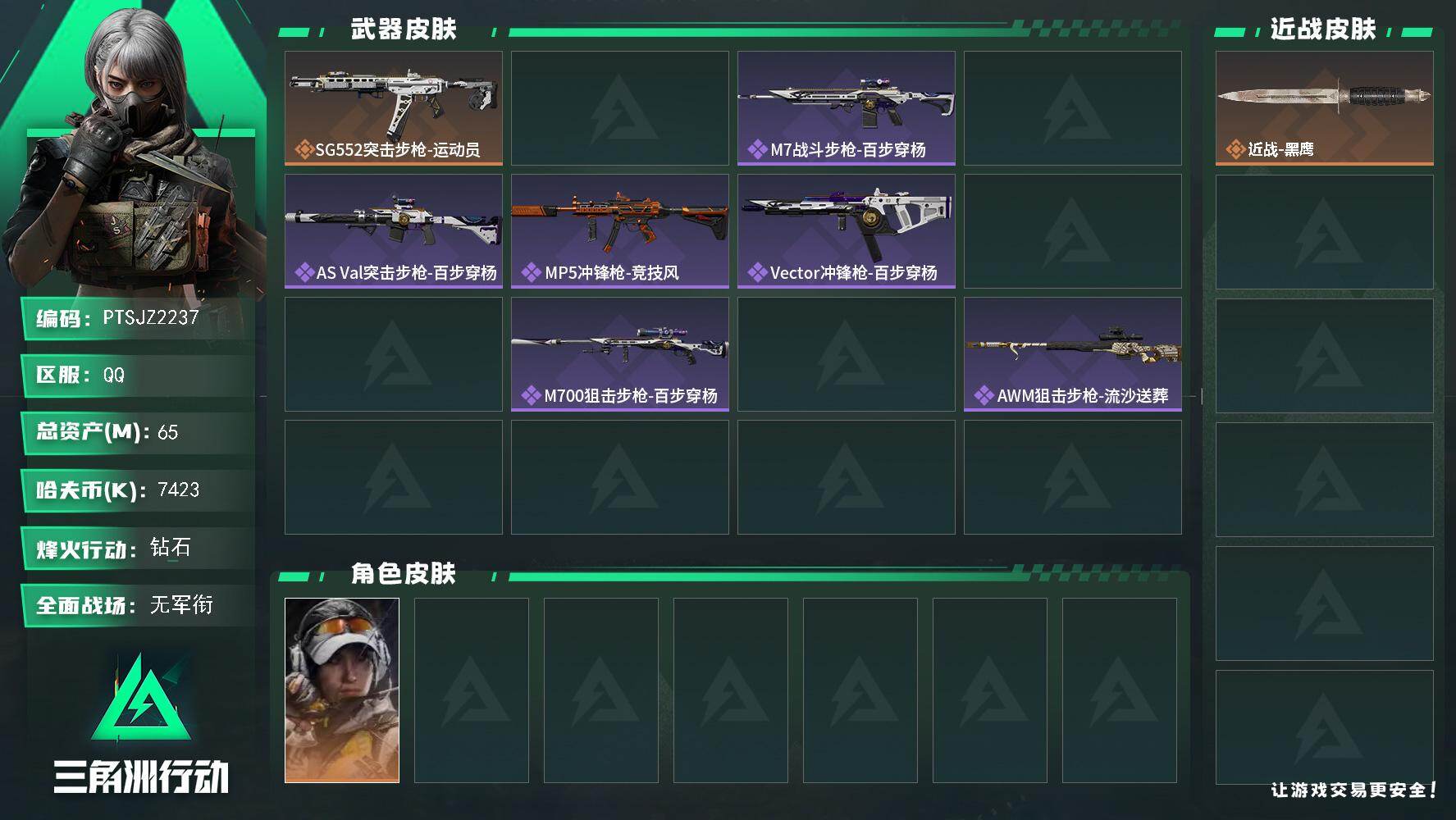 三角洲行动账号QQ【PTSJZ2237】总资产(M)：65M/哈夫币(K)：7423K/哈夫币(K)：7423K/传说