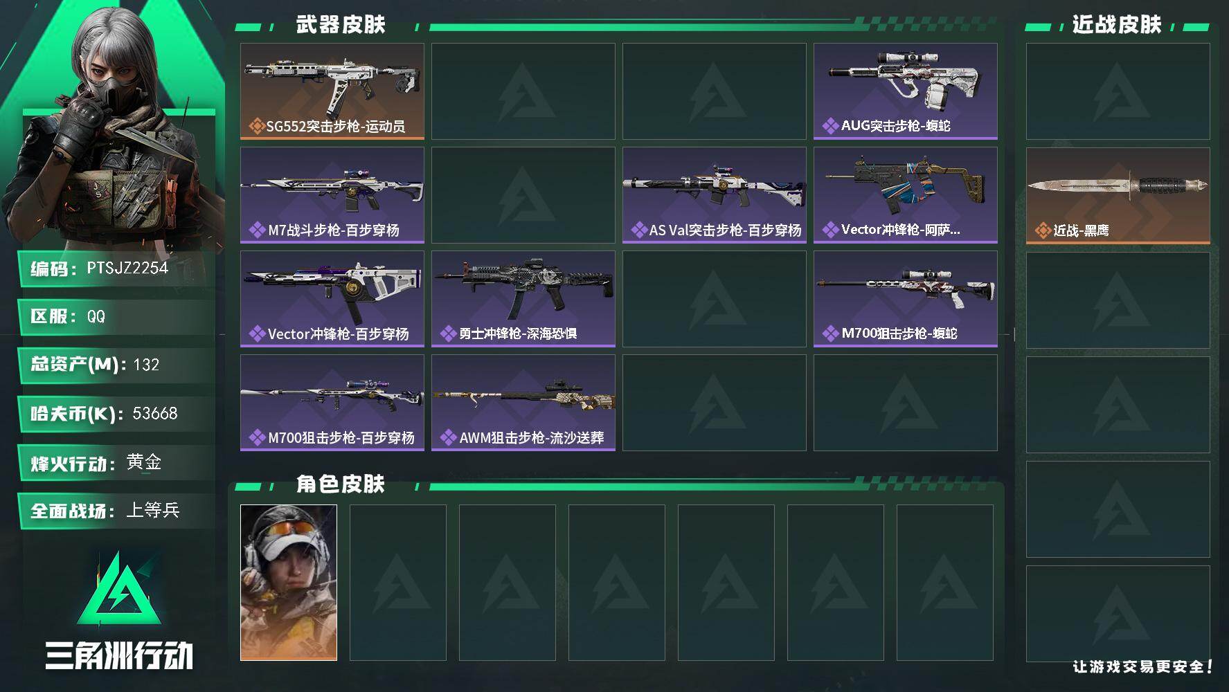 三角洲行动账号QQ【PTSJZ2254】总资产(M)：132M/哈夫币(K)：53668K/哈夫币(K)：53668K
