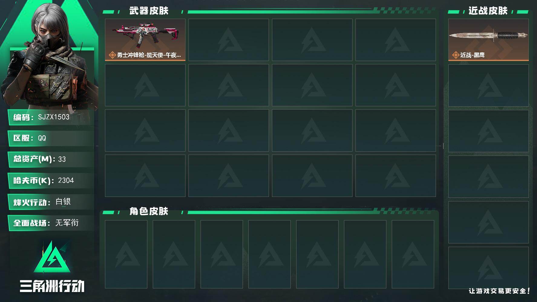 三角洲行动账号QQ【SJZX1503】总资产(M)：33M/哈夫币(K)：2304K/哈夫币(K)：2304K/传说枪皮数：1/全面战场等级：1_段位：无段位/烽火地带等级：60_段位：白银/近战-黑鹰/勇士冲锋枪-
