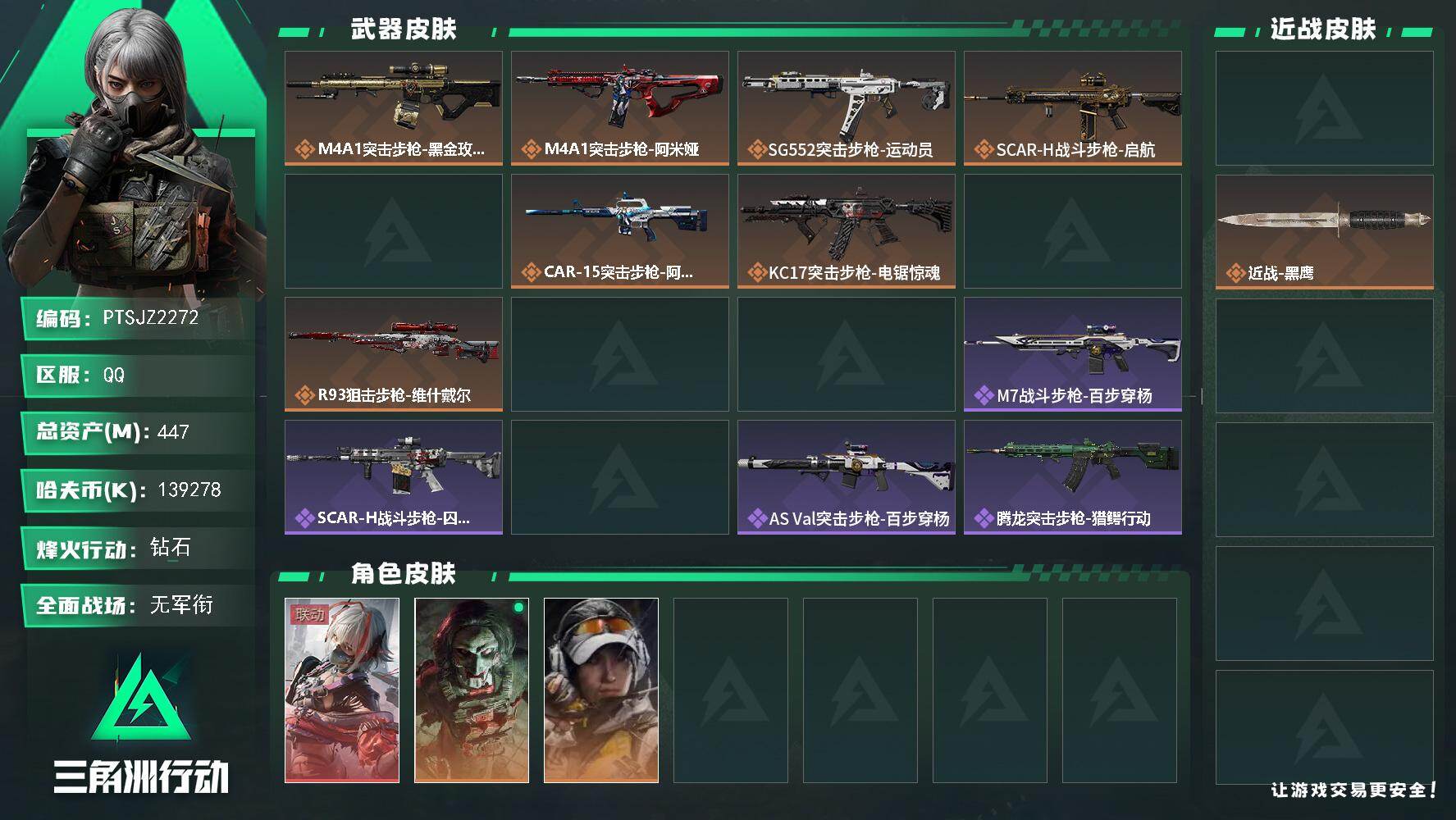 三角洲行动账号QQ【PTSJZ2272】总资产(M)：447M/哈夫币(K)：139278K/哈夫币(K)：13927