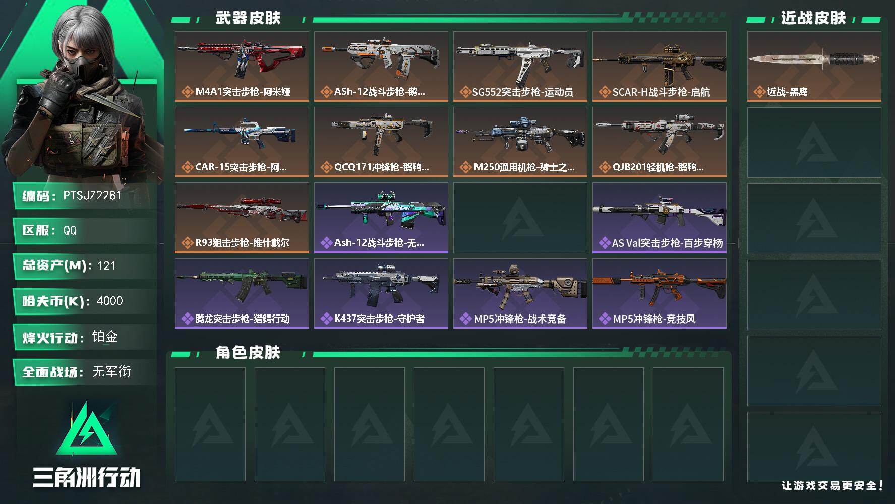 三角洲行动账号QQ【PTSJZ2281】总资产(M)：121M/哈夫币(K)：4000K/哈夫币(K)：4000K/传