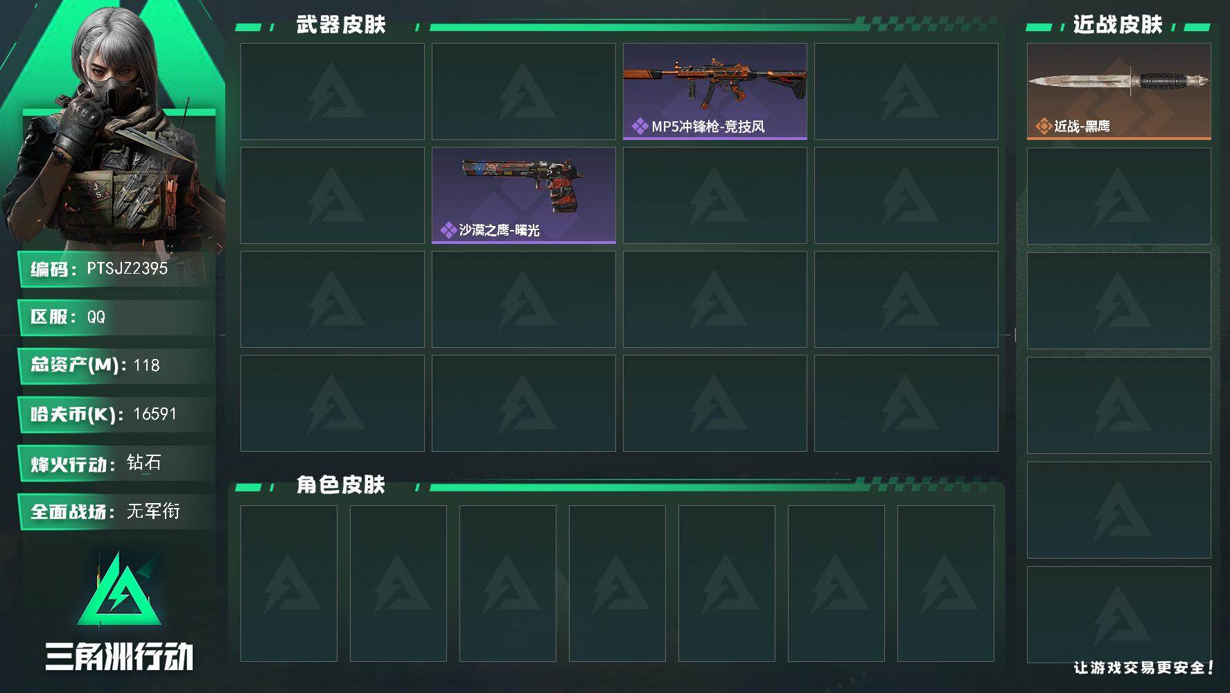 三角洲行动账号QQ【PTSJZ2395】总资产(M)：118M/哈夫币(K)：16591K/哈夫币(K)：16591K