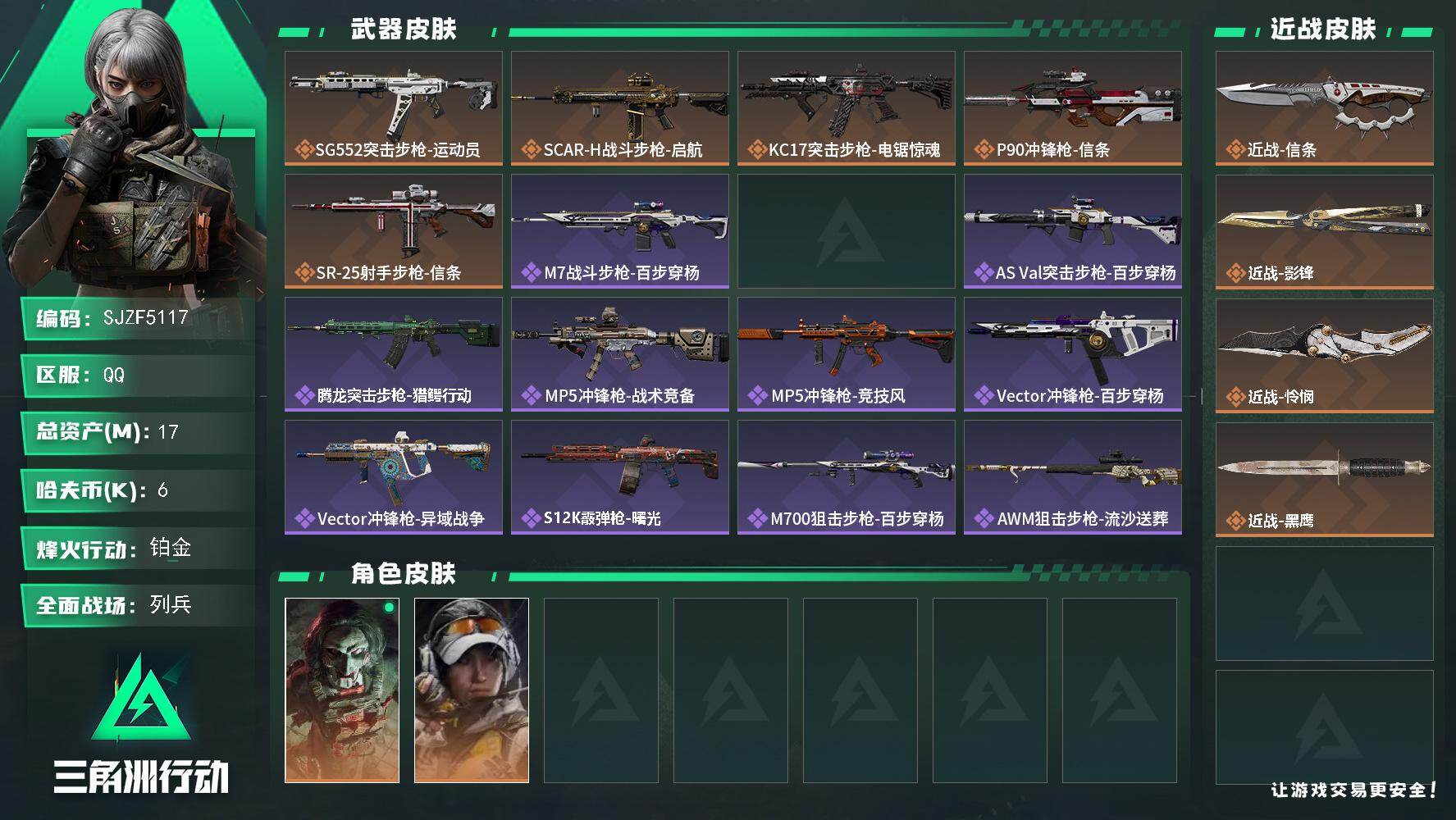 三角洲行动账号QQ【SJZF5117】总资产(M)：17M/哈夫币(K)：6K/哈夫币(K)：6K/传说枪皮数：5/全
