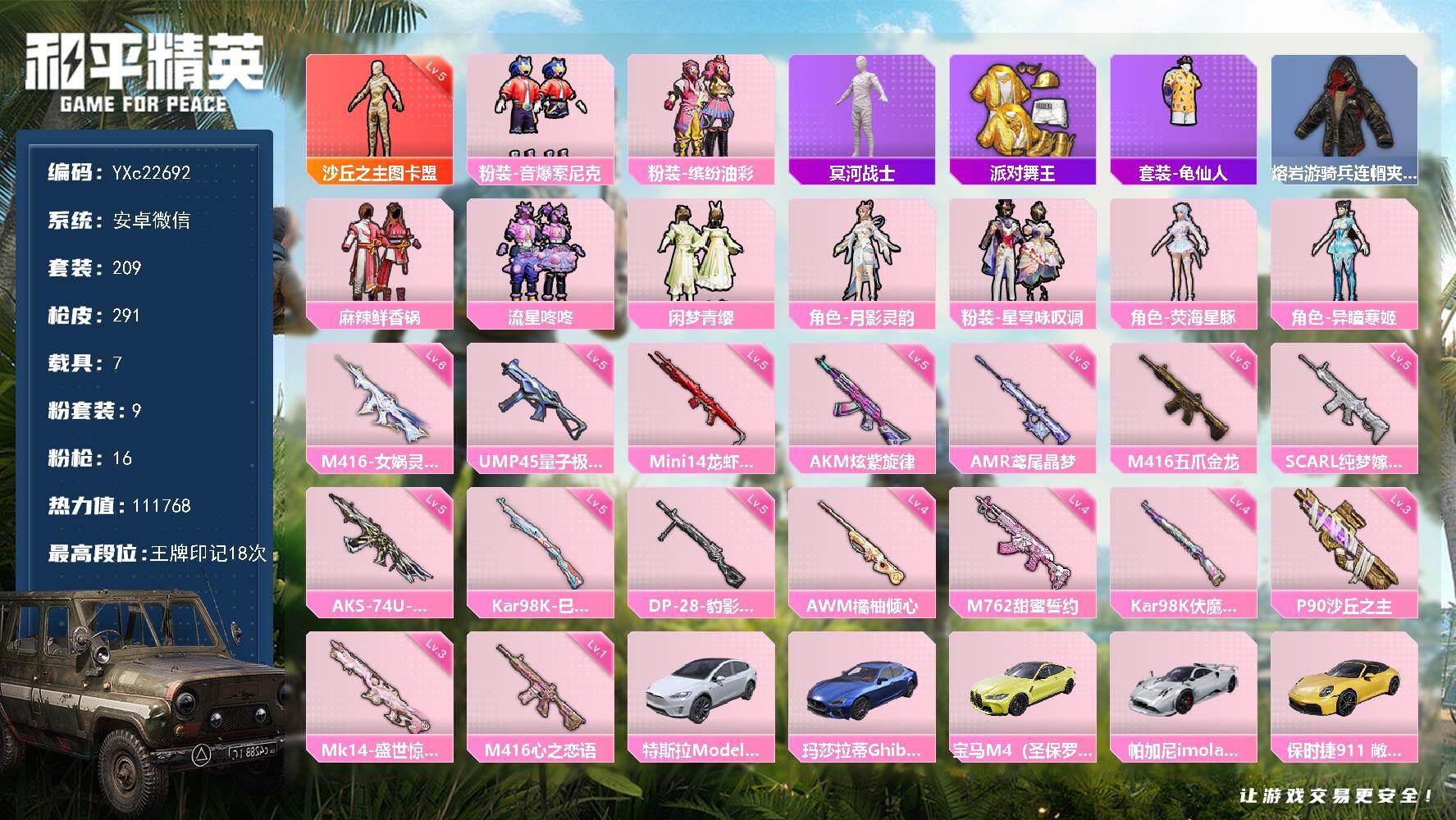 和平精英账号安卓微信7载具-209套装-291枪皮-【地铁满天赋 5级图卡盟 白木乃伊 金鞋 童趣头 蓝熊包 保时捷 帕