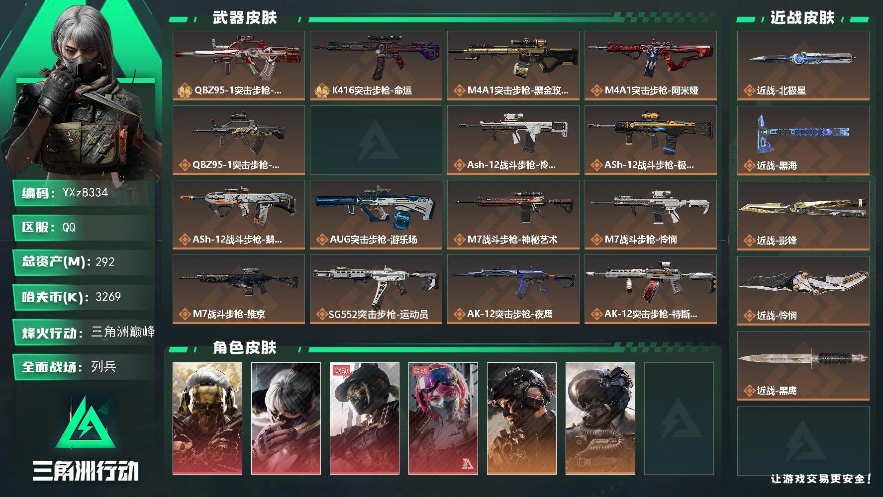 三角洲行动账号QQ【高氪金土豪号-四红皮+四刀皮+二典藏皮肤+铁面判官+飞虎】【Q区三端互通】【无二次】YXz8334