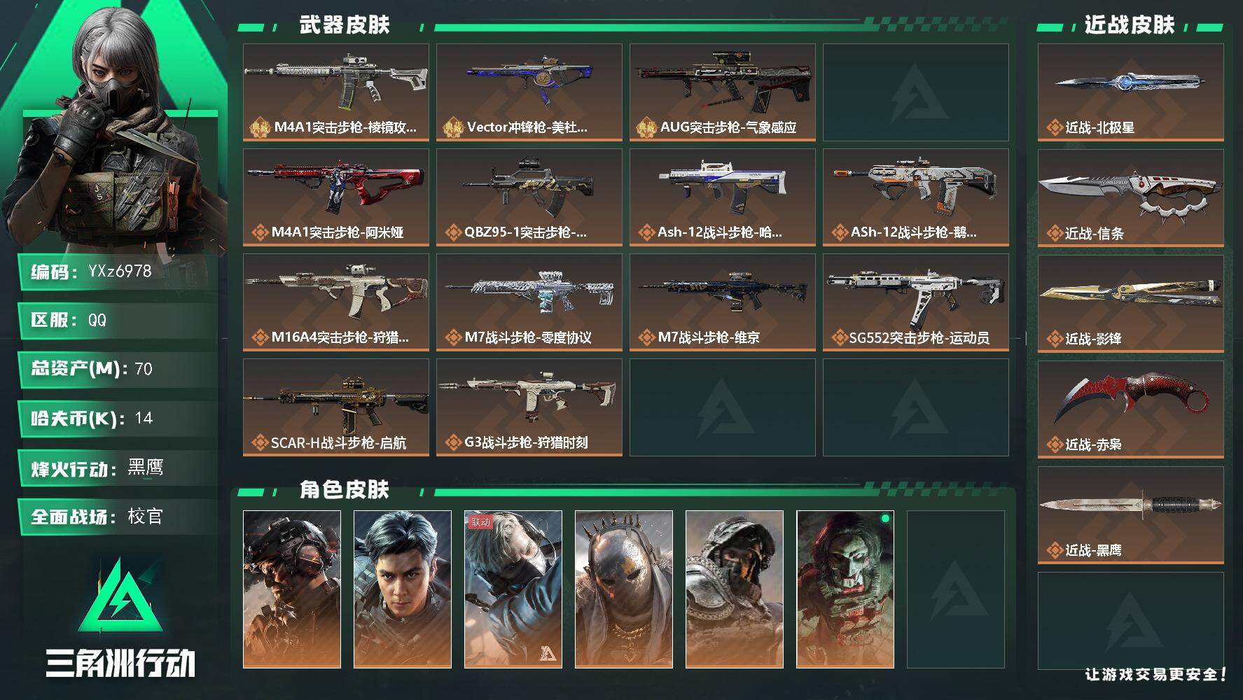 三角洲行动账号QQ【热门皮肤号：铁面判官+飞虎+四刀皮+四典藏】【赤枭.影锋.北极星.信条】【M4A1突击步枪-棱镜攻