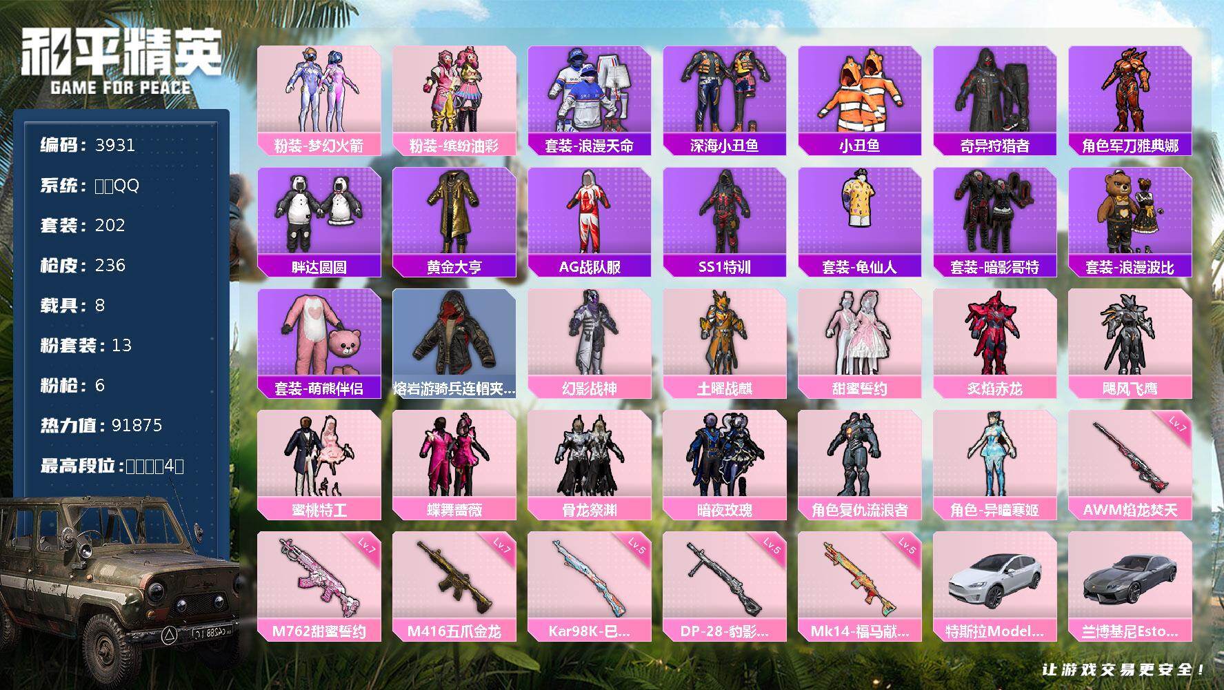 和平精英账号苹果QQ8载具-202套装-236枪皮-202套装/枪械6/装备289/载具8/战备156/王牌印记4/热力