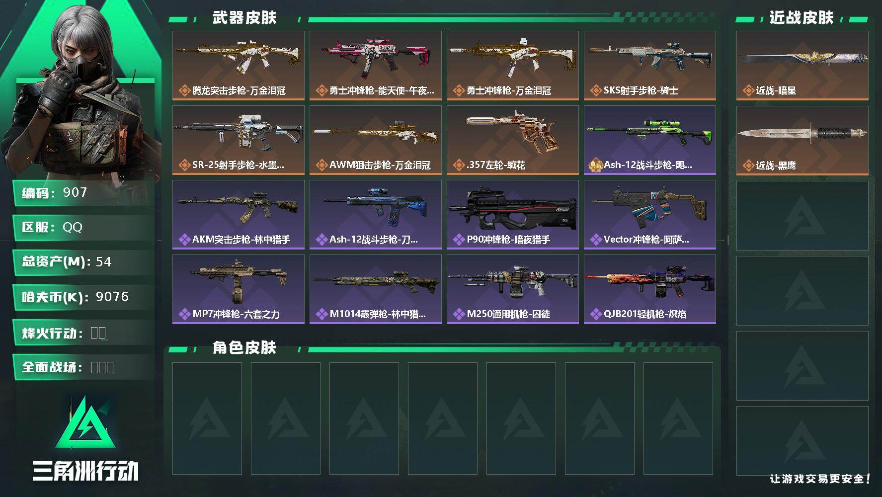 三角洲行动账号QQ54m总资产-9076k哈伏币-50烽火等级-钻石-50战场等级-军士长
【近战皮肤】：近战-暗星，