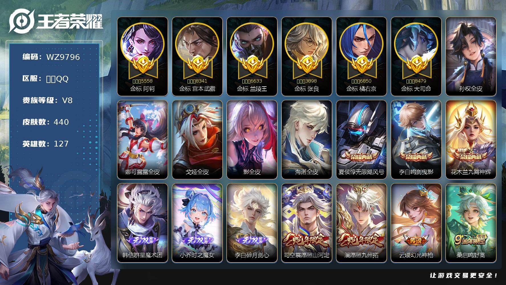 王者荣耀账号苹果QQ【6金标】V8-至尊星耀IV段位-127英雄-440皮肤-3典藏皮肤-3无双-40传说-125史诗
