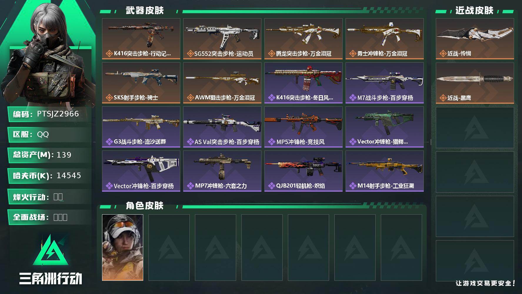 三角洲行动账号QQ【PTSJZ2966】总资产(M)：139M/哈夫币(K)：14545K/哈夫币(K)：14545K