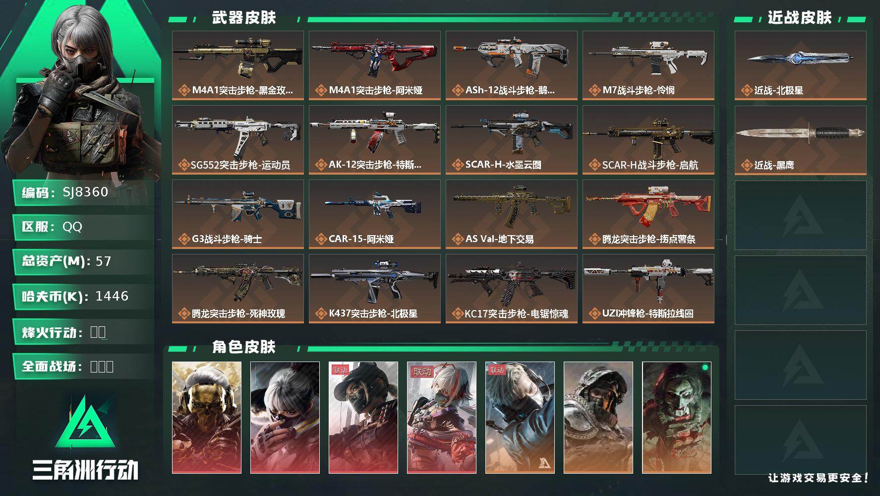 三角洲行动账号QQ【SJ8360】总资产(M)：57M/哈夫币(K)：1446K/哈夫币(K)：1446K/传说枪皮数