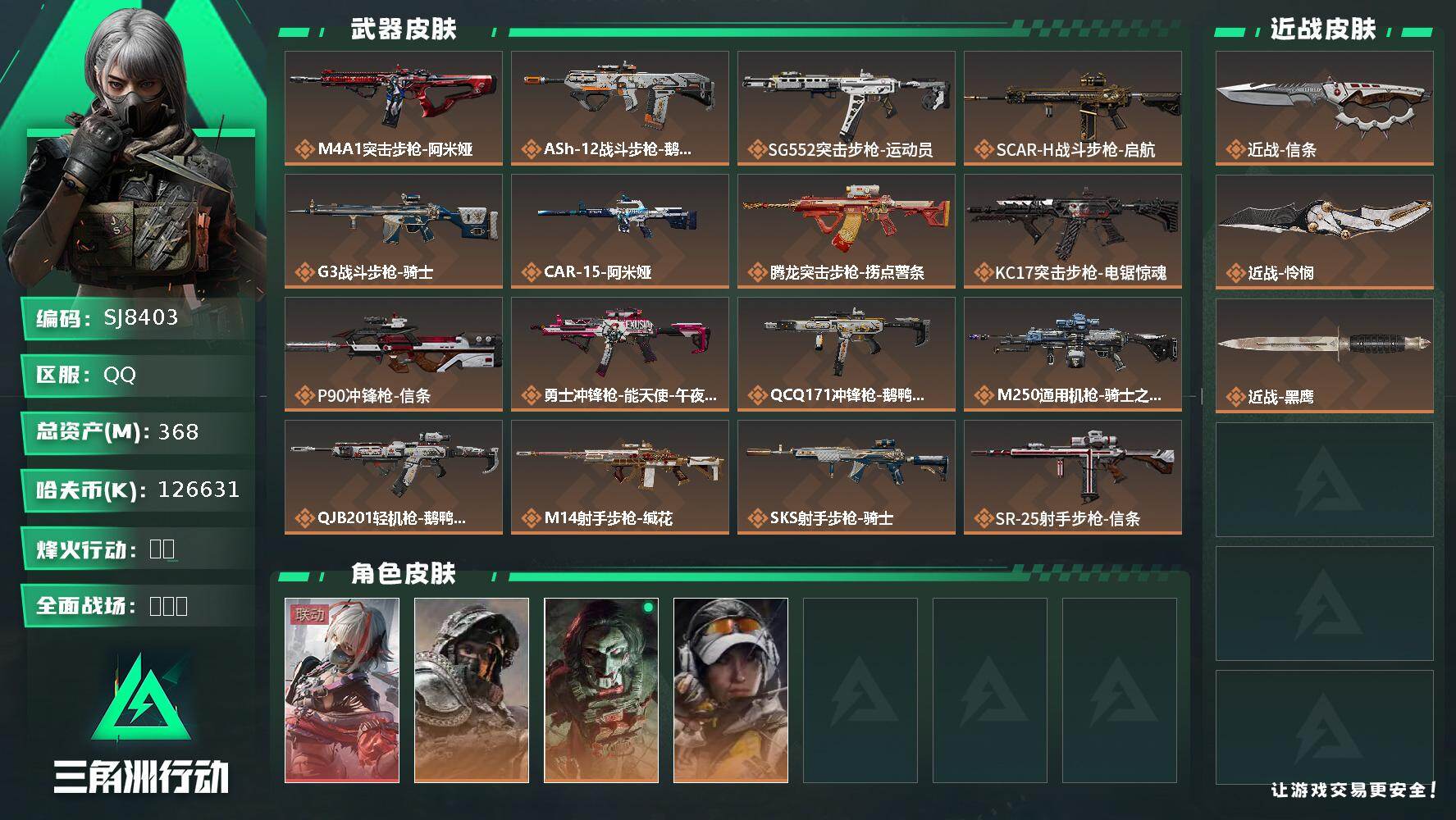 三角洲行动账号QQ【SJ8403】总资产(M)：368M/哈夫币(K)：126631K/哈夫币(K)：126631K/传说枪皮数：22/全面战场等级：47_段位：军士长/烽火地带等级：60_段位：白银/骇爪-维什戴尔