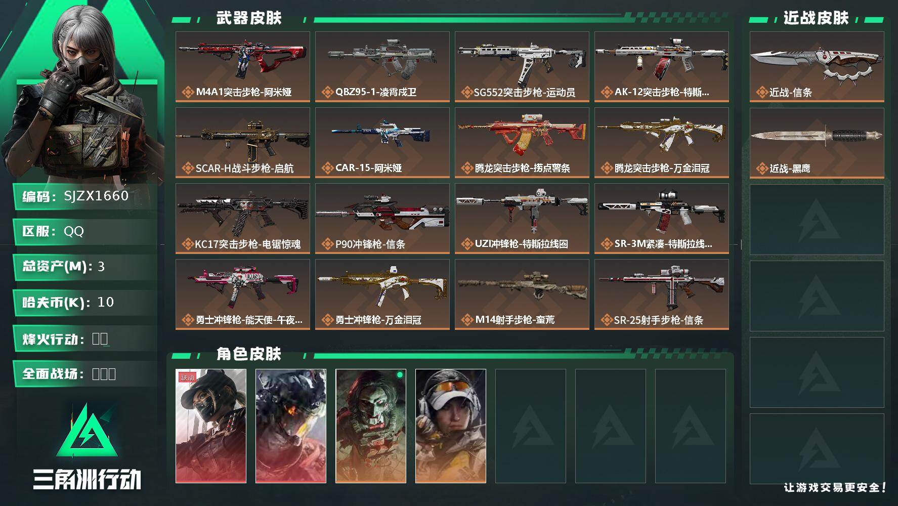 三角洲行动账号QQ【SJZX1660】总资产(M)：3M/哈夫币(K)：10K/哈夫币(K)：10K/传说枪皮数：21