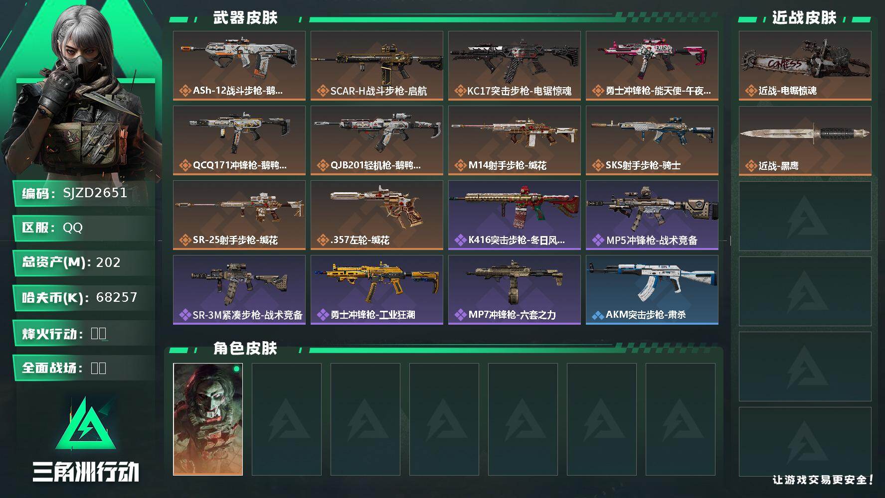 三角洲行动账号QQ【SJZD2651】总资产(M)：202M/哈夫币(K)：68257K/哈夫币(K)：68257K/