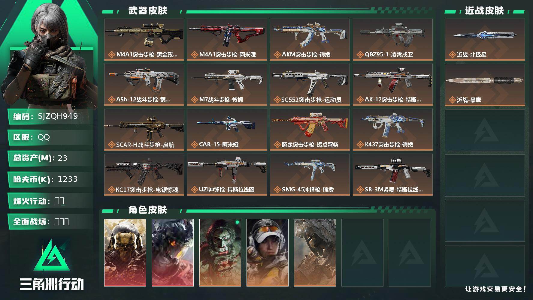 三角洲行动账号QQ【SJZQH949】总资产(M)：23M/哈夫币(K)：1233K/哈夫币(K)：1233K/传说枪皮数：23/全面战场等级：33_段位：上等兵/烽火地带等级：60_段位：黑鹰/红狼-蚀金玫瑰/威龙