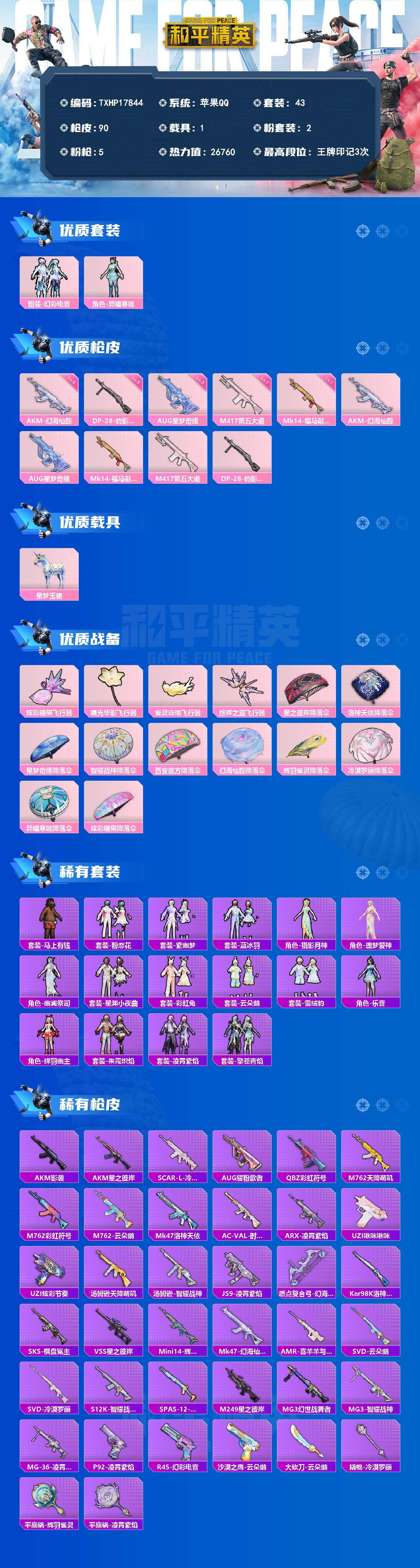 和平精英账号苹果QQ1载具-43套装-90枪皮-【TXHP17844】苹果 手Q-2粉装-5特效枪-1载具-4粉色飞行器
