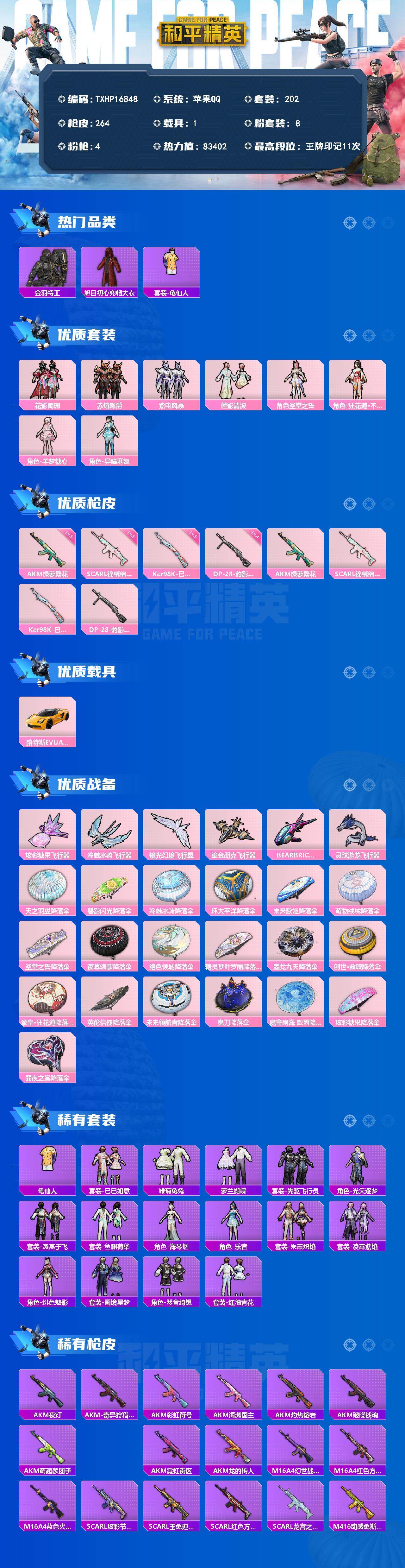 和平精英账号苹果QQ1载具-202套装-264枪皮-【TXHP16848】苹果 手Q-8粉装-4特效枪-1载具-7粉色飞