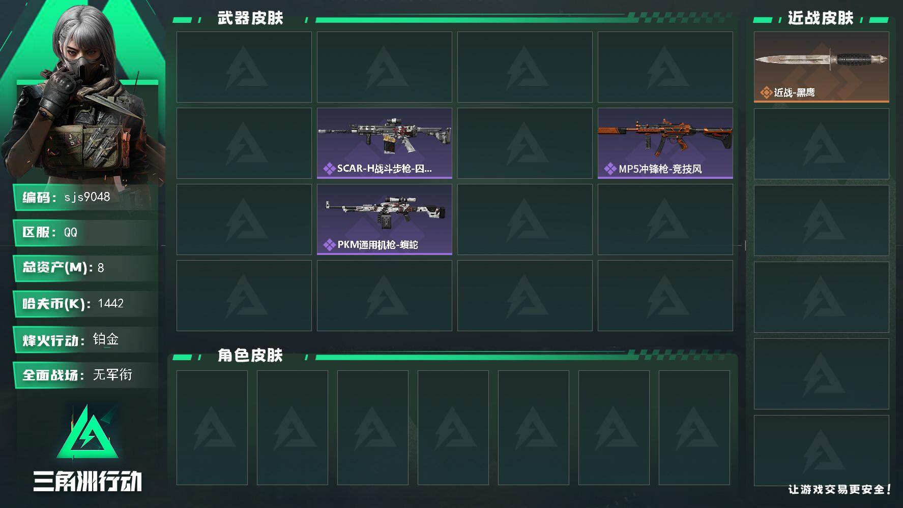 三角洲行动账号QQ【sjs9048】总资产8m 凌霄戍卫 sjs9048 烽火地带段位: 铂金 全面战场段位: 无段位