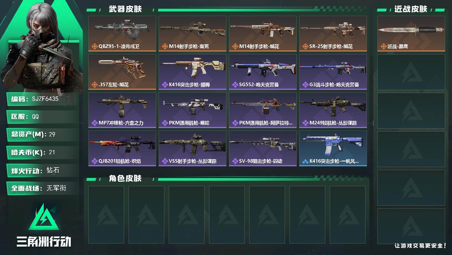 三角洲行动账号QQ【SJZF6435】总资产(M)：29M/哈夫币(K)：21K/哈夫币(K)：21K/传说枪皮数：5/全面战场等级：1_段位：无段位/烽火地带等级：60_段位：钻石/近战-黑鹰/QBZ95-1突击步